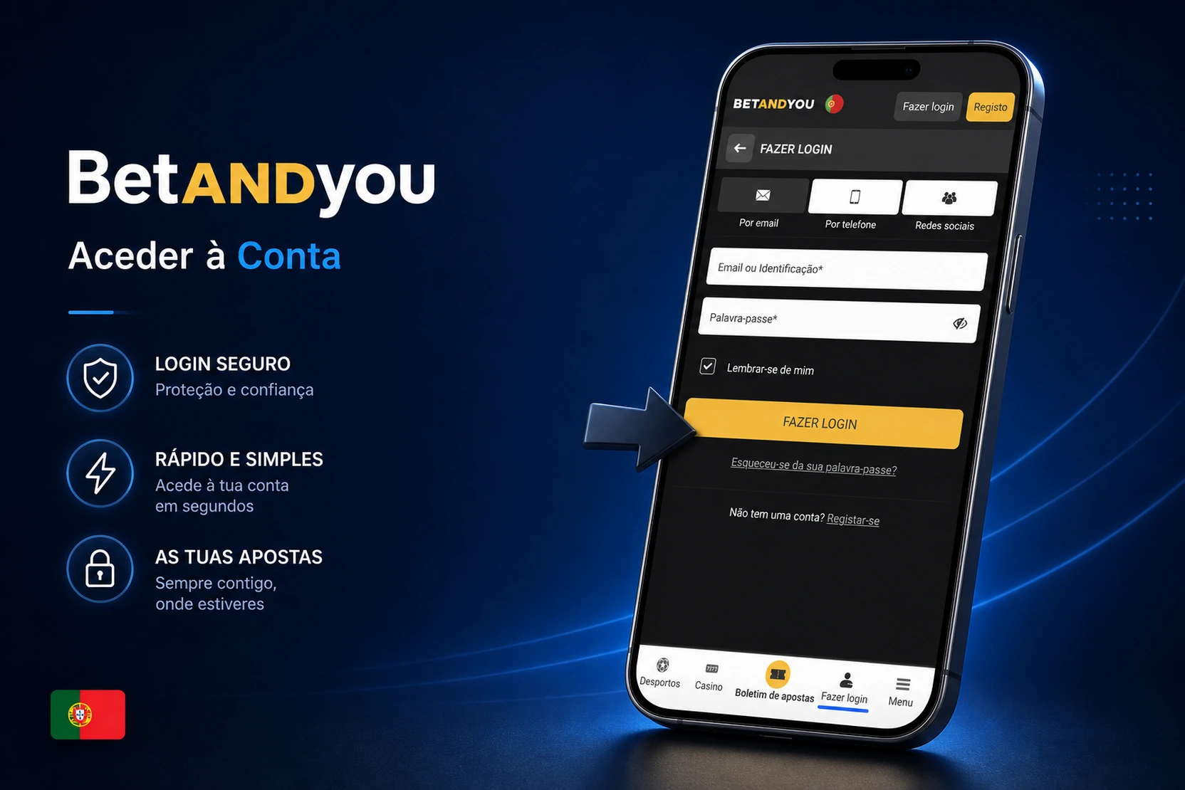 Ecrã de login da BetAndYou com login seguro e apostas sempre acessíveis