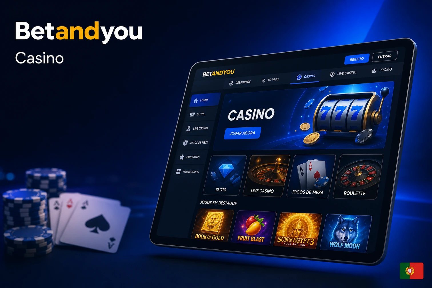 Lobby de casino da BetAndYou com slots em destaque e jogos mais jogados