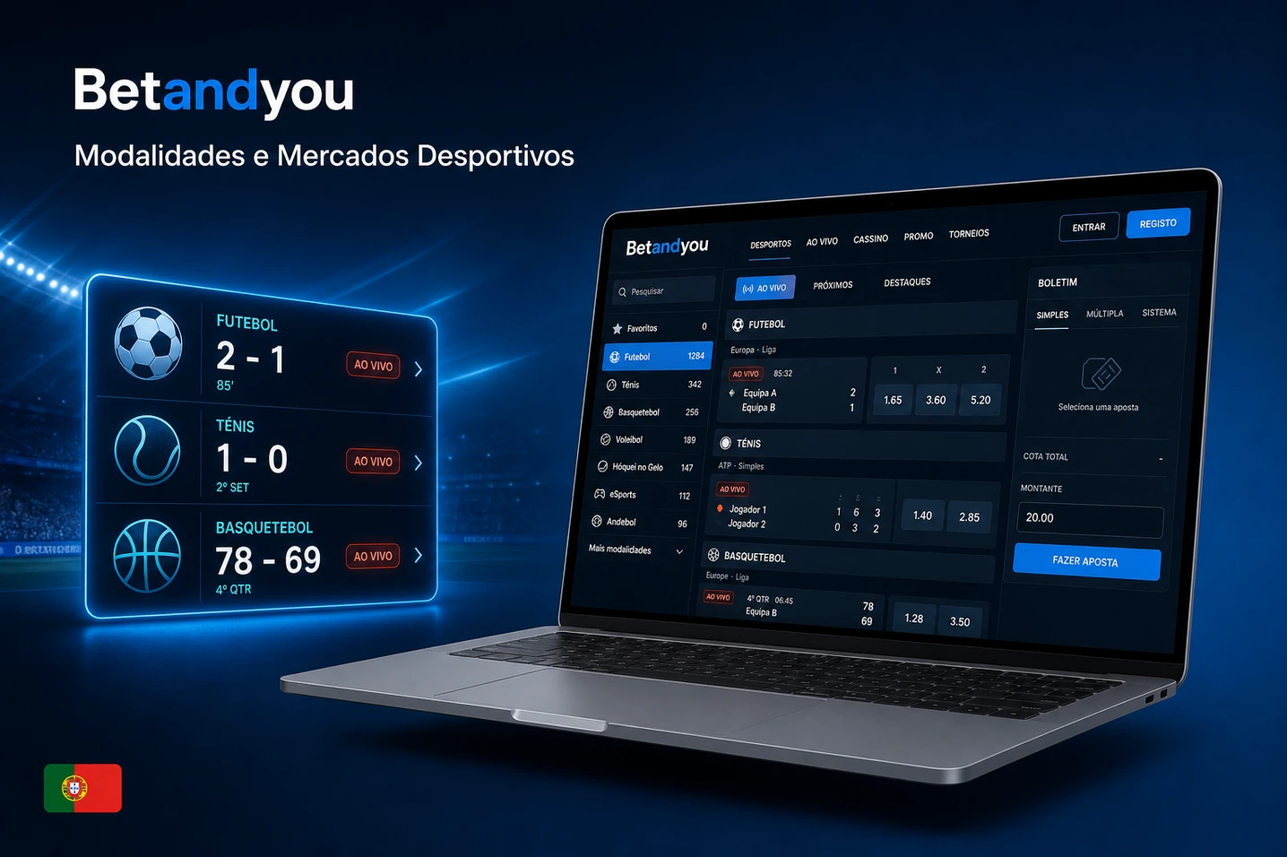 Mercados ao vivo da BetAndYou com futebol, ténis e basquetebol